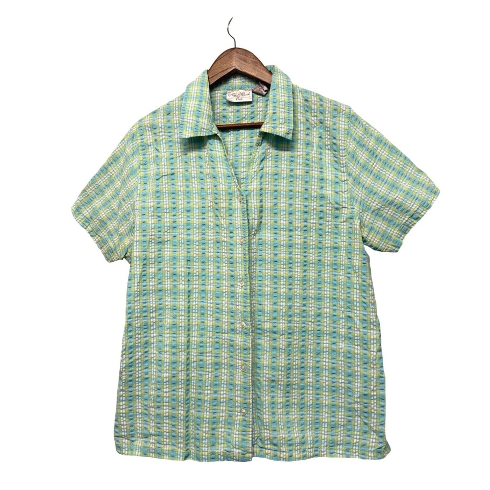 Womens Plus Size 1X Plaid Seersucker Button Down Shirt Short Sleeve Easter Green